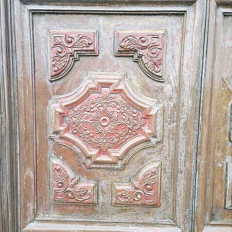 Large 8' Mediterranean Multipaneled Molding Bronze Covered Walnut Double Doors - 5