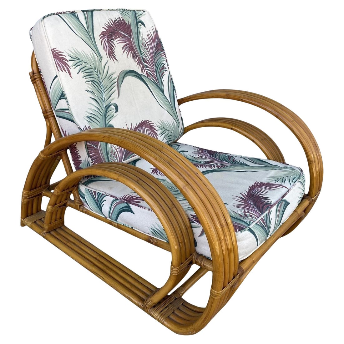 Restored Double Half Moon Rattan Four-Strand Lounge Chair: Title: Restored Double Half Moon Rattan Four-Strand Lounge Chair Description: Rattan lounge, with what we at the shop call the "Half Moon", four-strand side arms in a double D configuration. Inspired