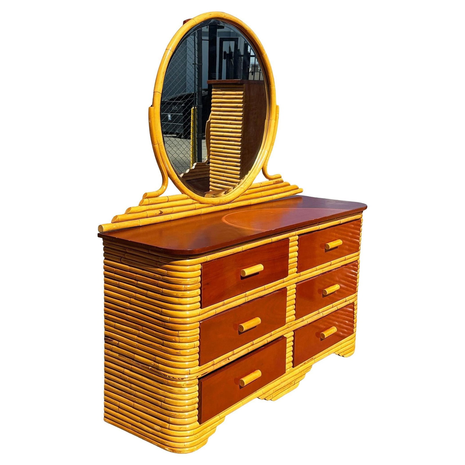 Restored Paul Frankl Style Stacked Rattan & Mahogany Lowboy Dresser w/ Mirror (1 of 5)