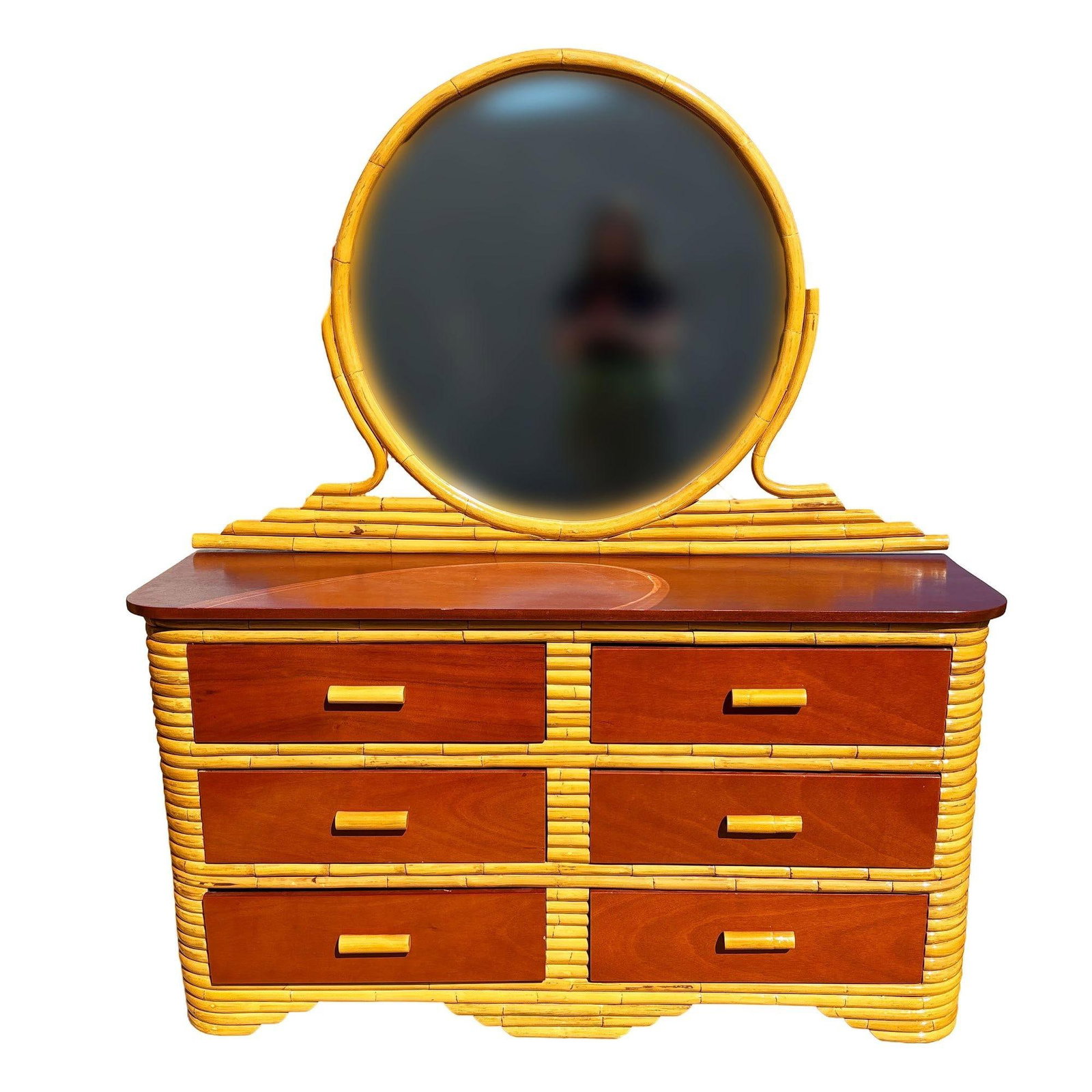 Restored Paul Frankl Style Stacked Rattan & Mahogany Lowboy Dresser w/ Mirror - 2