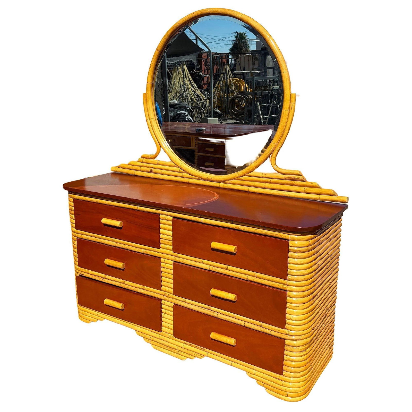 Restored Paul Frankl Style Stacked Rattan & Mahogany Lowboy Dresser w/ Mirror - 3