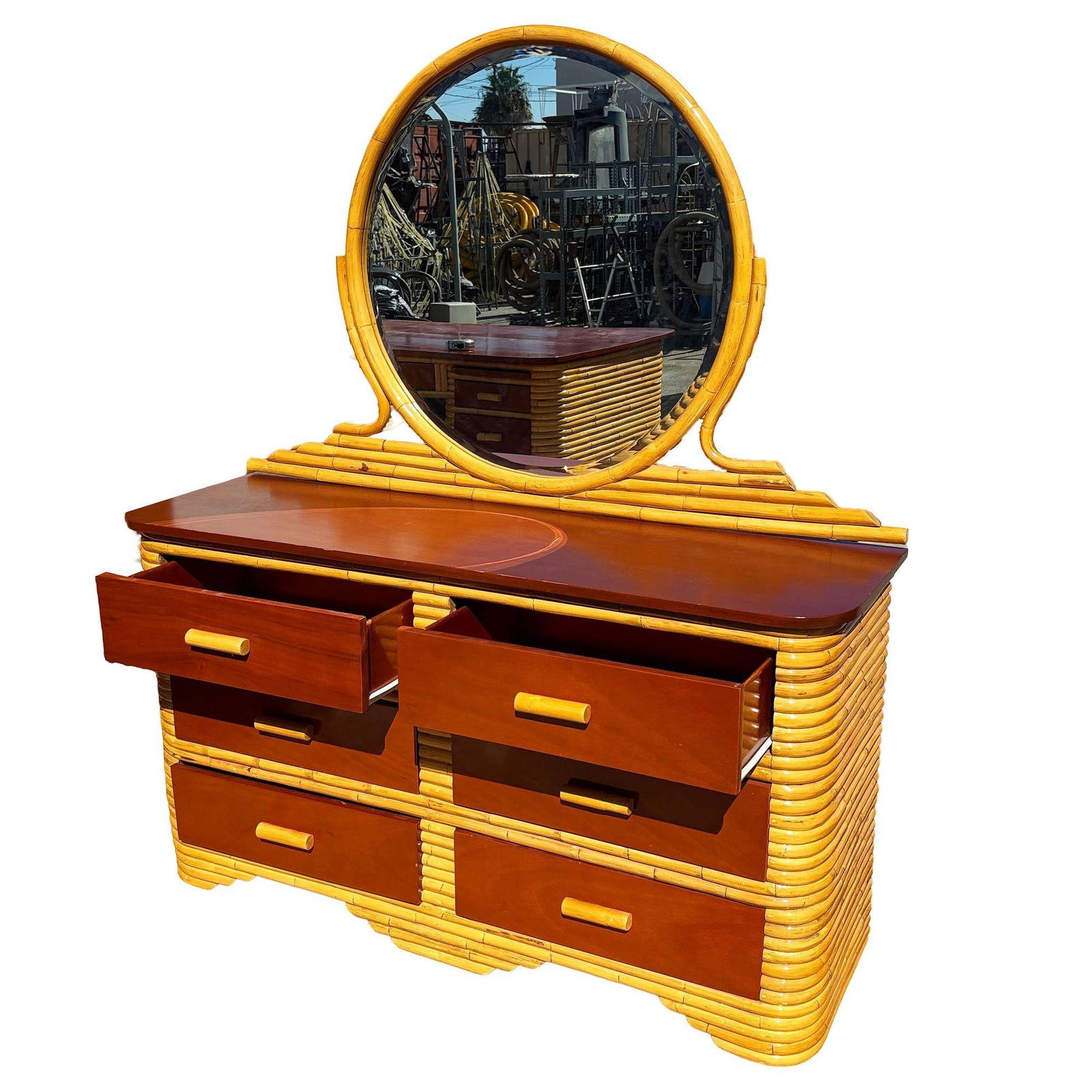 Restored Paul Frankl Style Stacked Rattan & Mahogany Lowboy Dresser w/ Mirror - 4