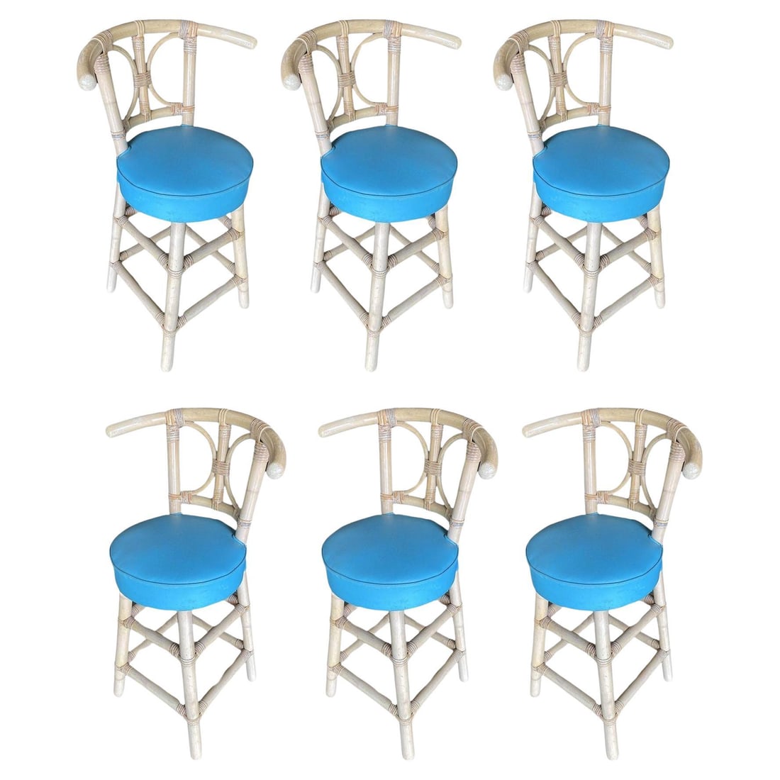 Restored Rattan Bar Stools with Hour Glass Seat Back, Set of 6: Title: Restored Rattan Bar Stools with Hour Glass Seat Back, Set of 6 Description: This beautifully restored Paul Frankl-inspired set of six, single-strand rattan bar stools with "Horsehoe" rattan bac