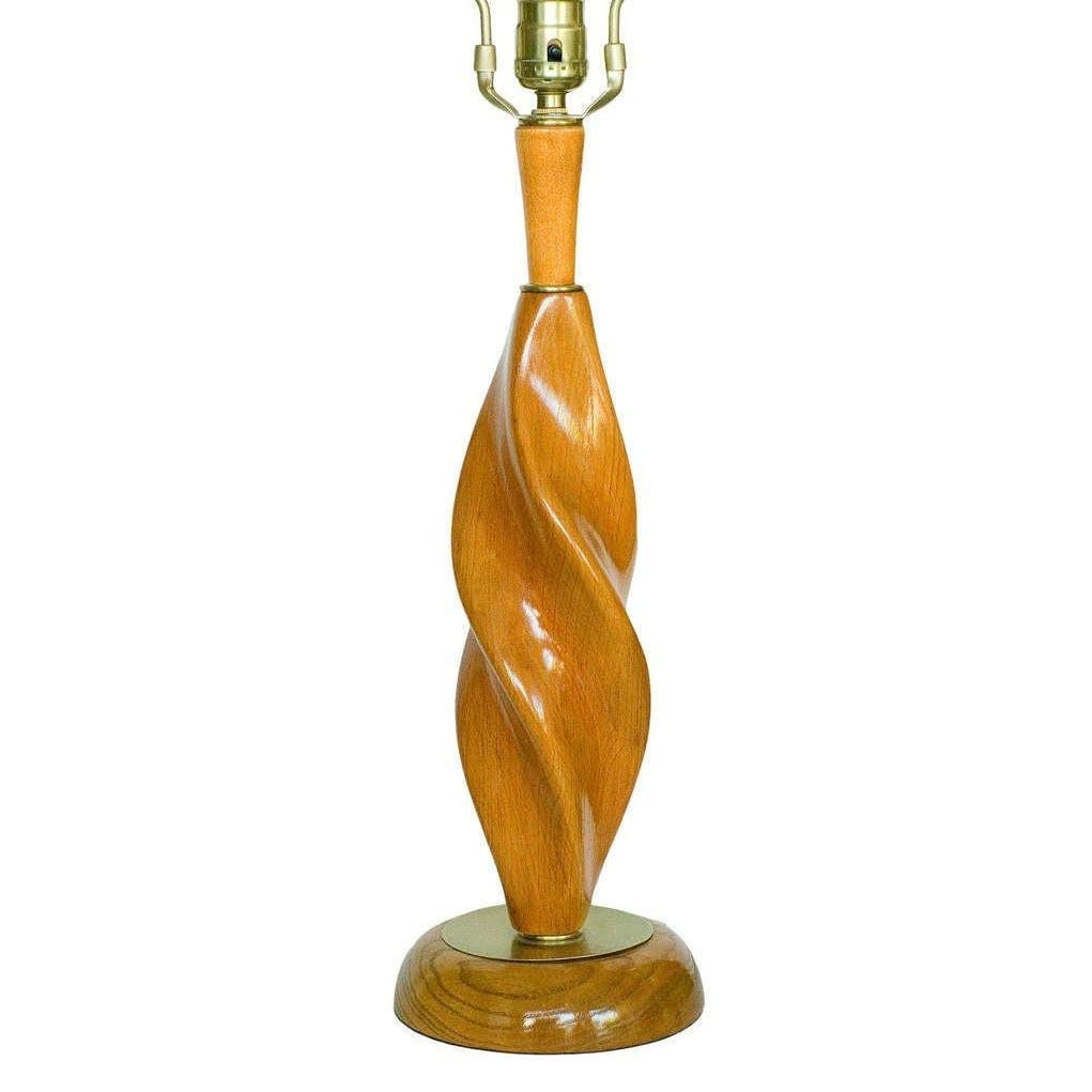 Mid-century Carved Spiral Oak & Brass Sculptural Table Lamps by Yasha Heifetz - 2