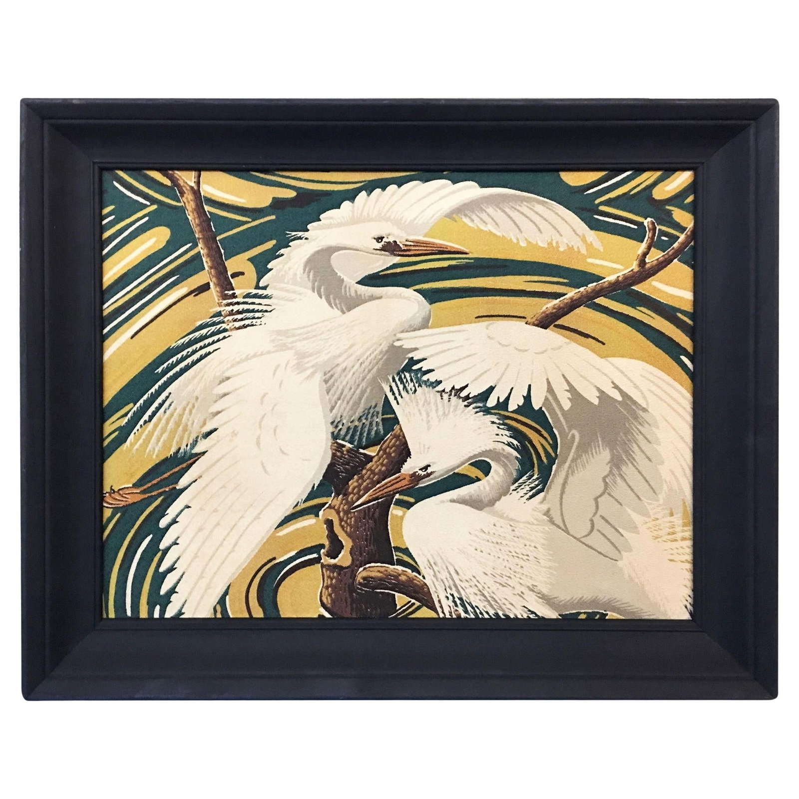 Restored Vintage 1949 Rattan Framed Crane Barkcloth Fabric Sample by Spectrum (1 of 5)