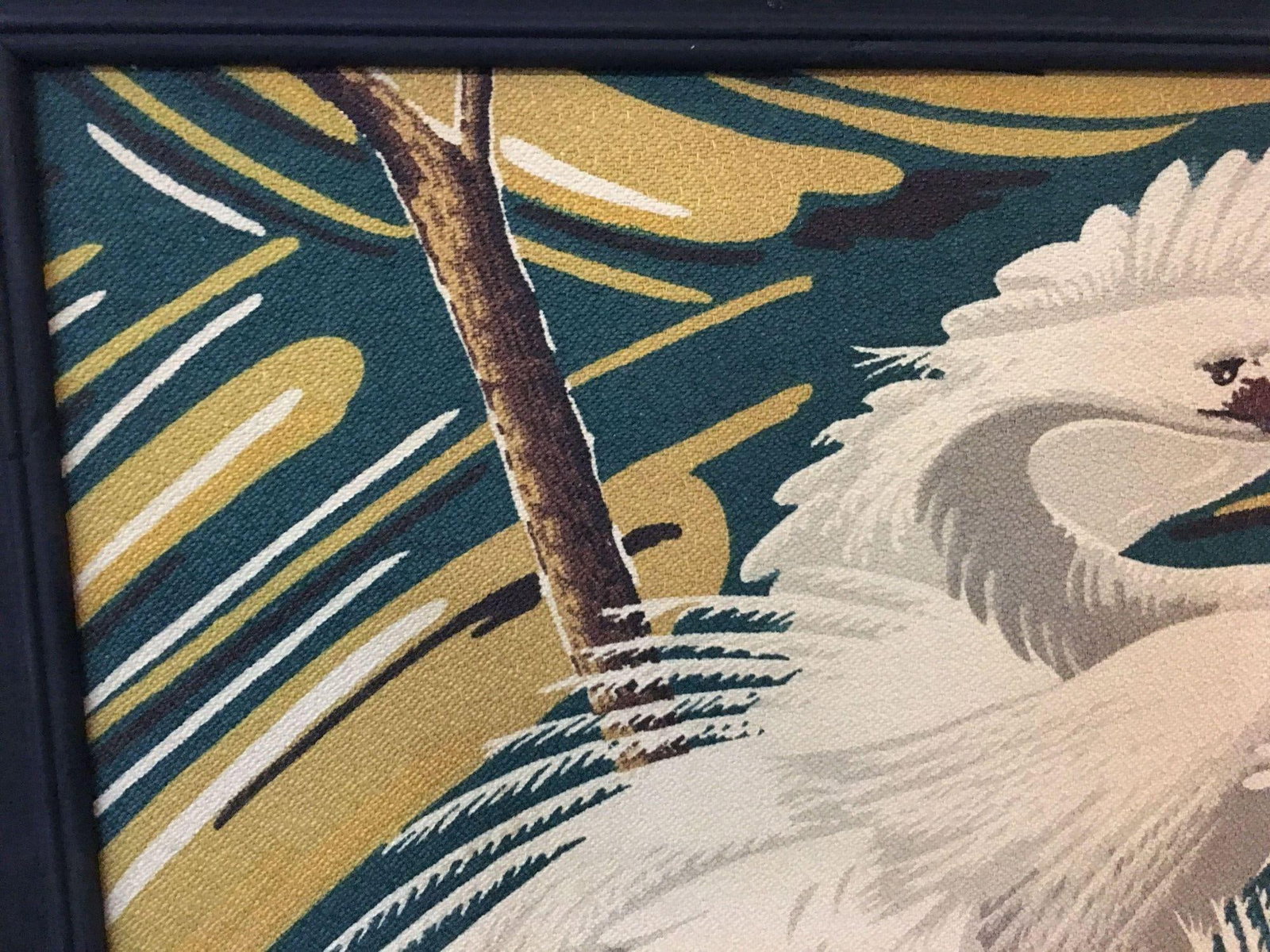 Restored Vintage 1949 Rattan Framed Crane Barkcloth Fabric Sample by Spectrum - 4