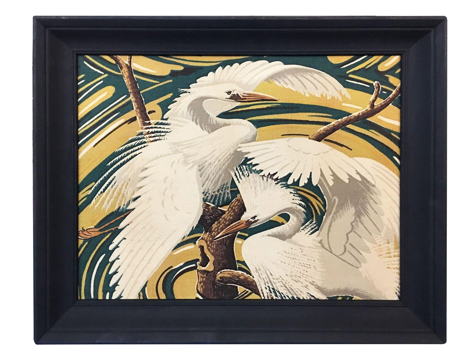 Restored Vintage 1949 Rattan Framed Crane Barkcloth Fabric Sample by Spectrum - 5