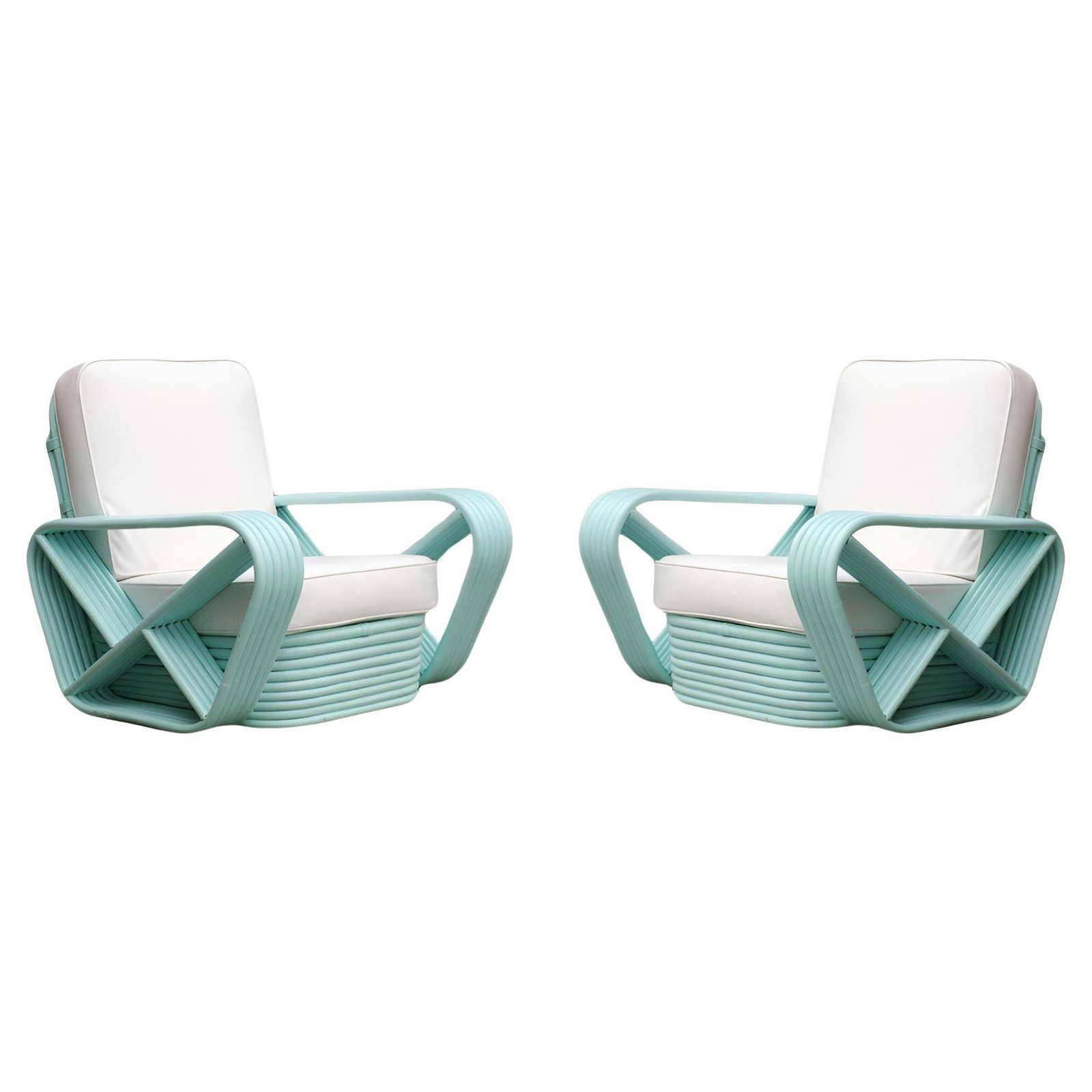 Restored pair Teal Square Pretzel Stacked Rattan Lounge Chairs Style of Frankl: Title: Restored pair Teal Square Pretzel Stacked Rattan Lounge Chairs Style of Frankl Description: Six-strand square pretzel arm rattan chairs with stacked bases in the style of Paul Frankl. Both chai