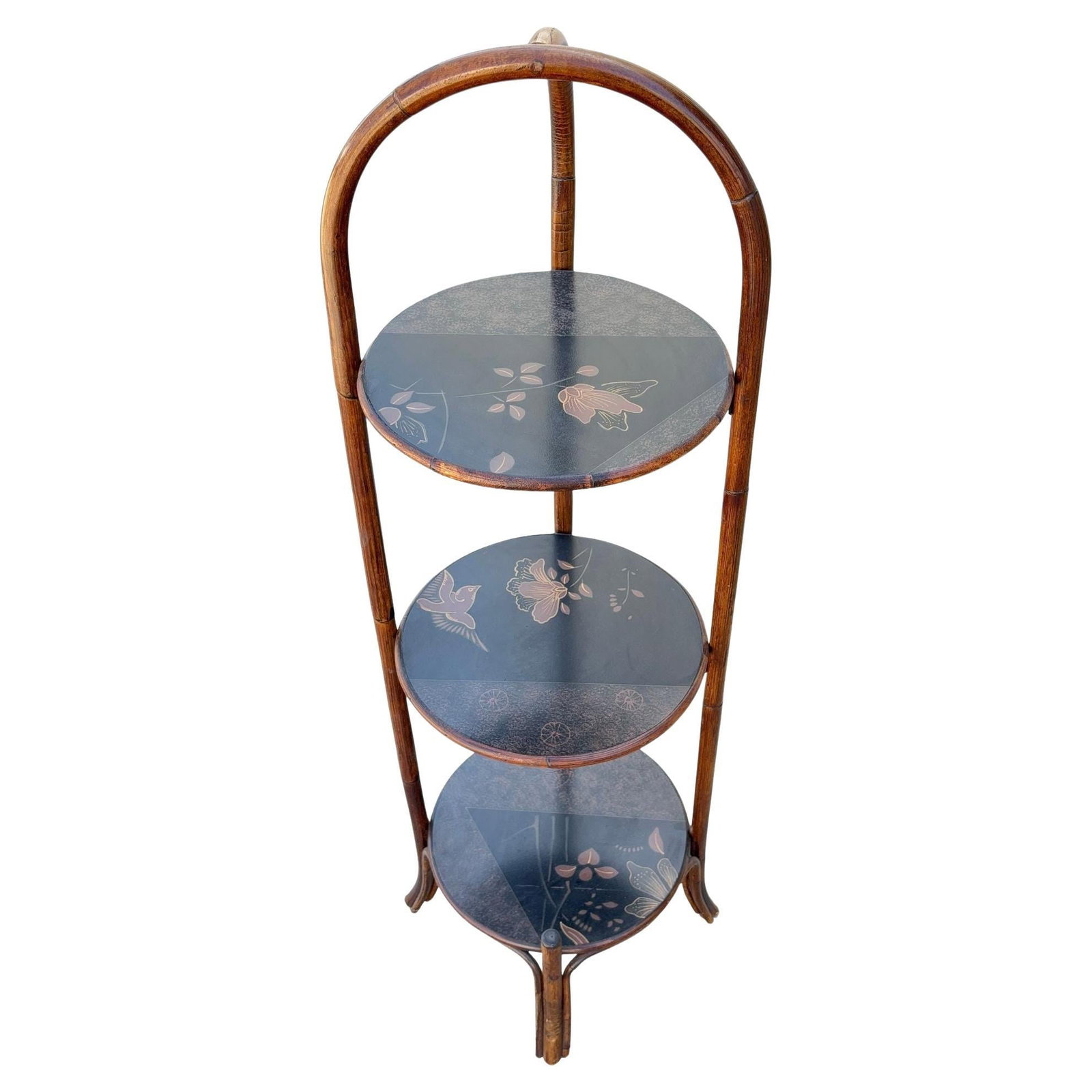Costal Three Tiered Dark Stained Rattan Shelf w East Asian Motif Tops (1 of 5)