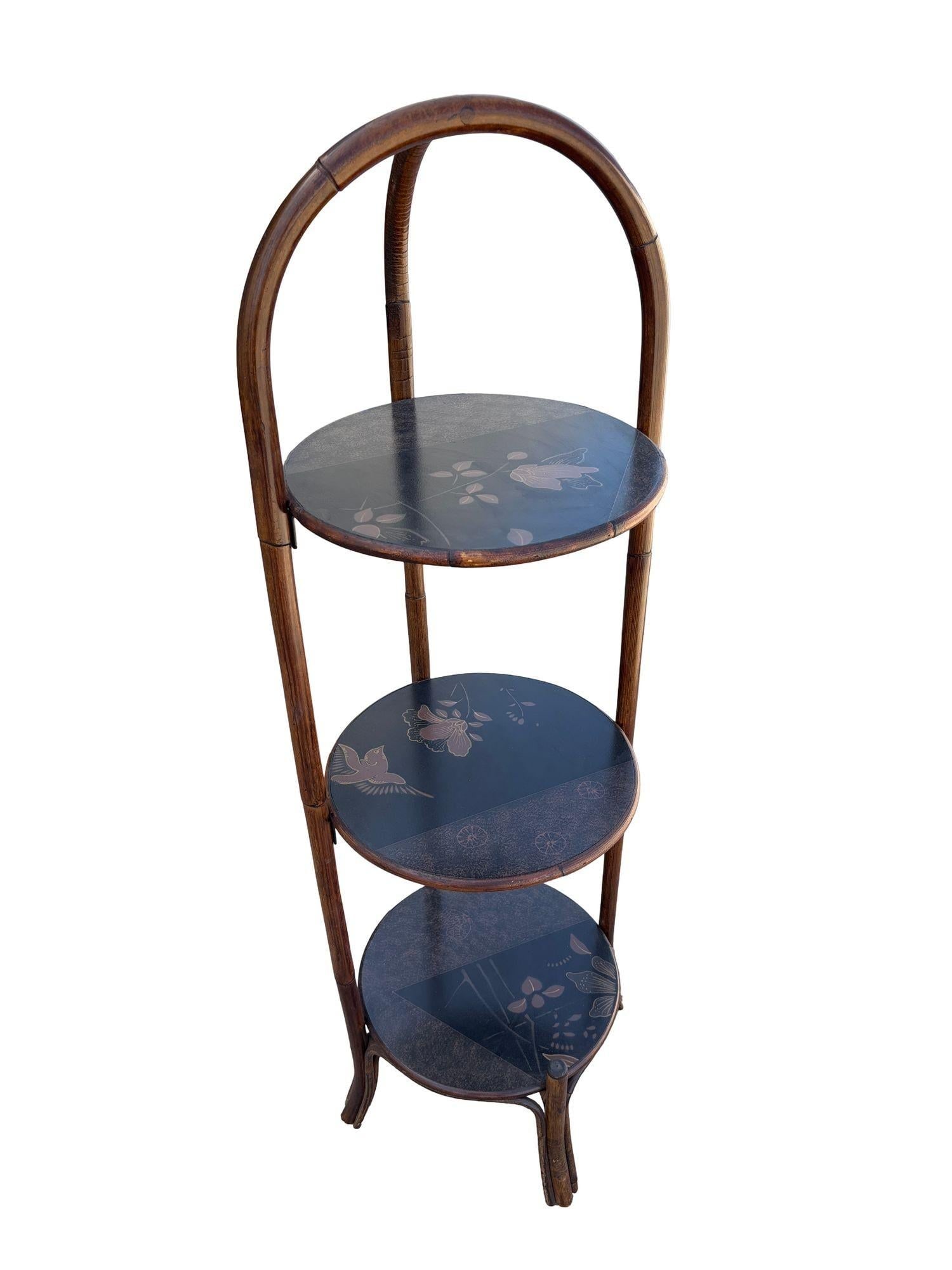 Costal Three Tiered Dark Stained Rattan Shelf w East Asian Motif Tops - 2