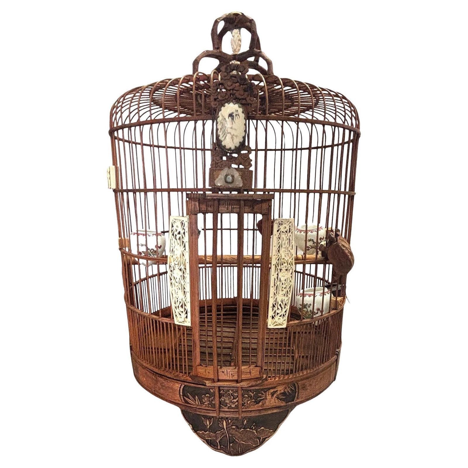 Antique Chinese Reed Rattan Birdcage Porcelain Bowls, Jade, with Pin Lock (1 of 5)