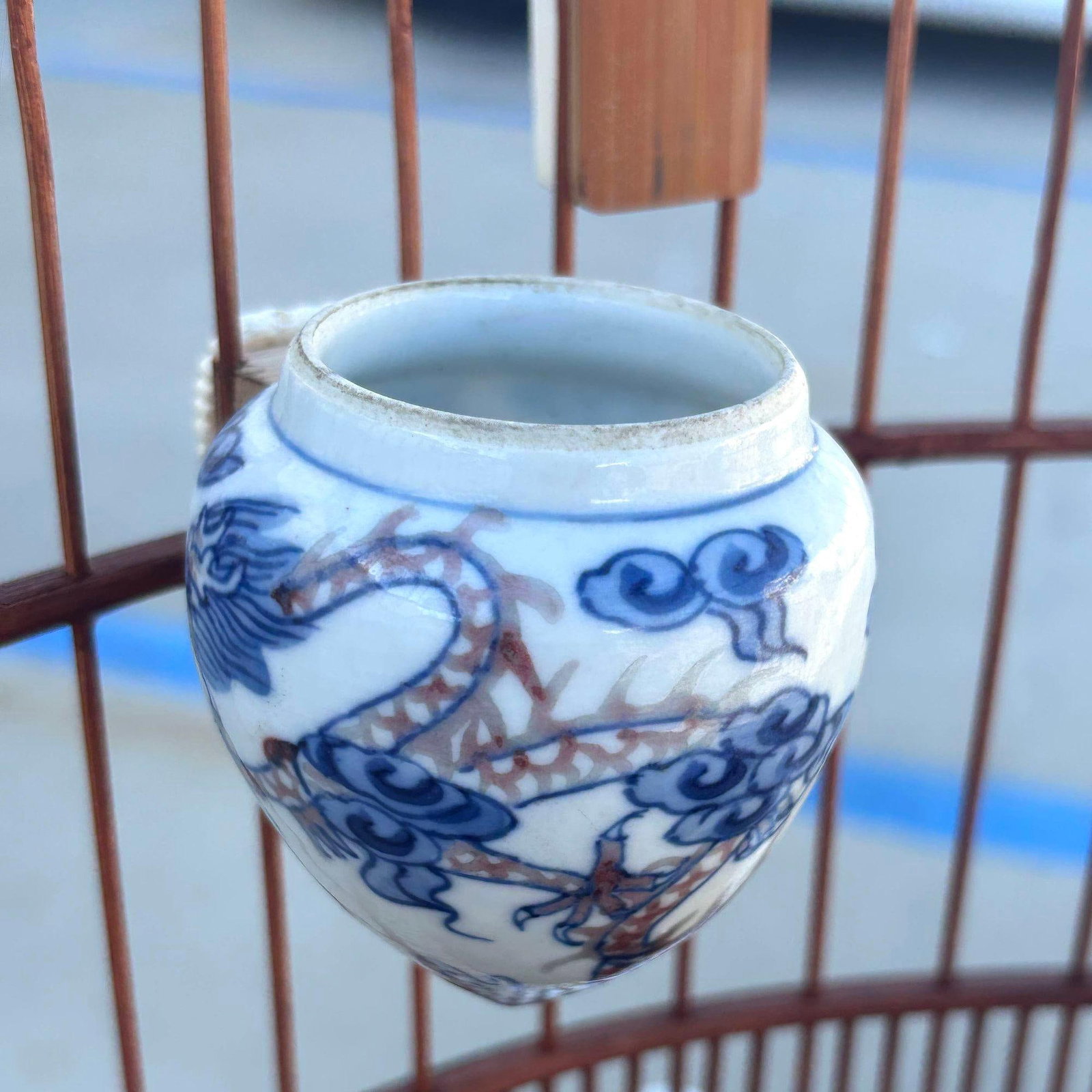 Antique Chinese Reed Rattan Birdcage Porcelain Bowls, Jade, with Pin Lock - 2