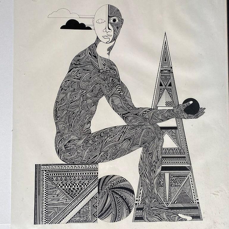 Hand Inked on Paper Surrealist Male Portrait Drawing Signed Ken Kreel 1989 - 2