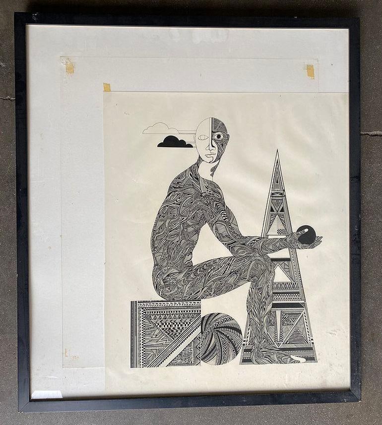 Hand Inked on Paper Surrealist Male Portrait Drawing Signed Ken Kreel 1989 - 5