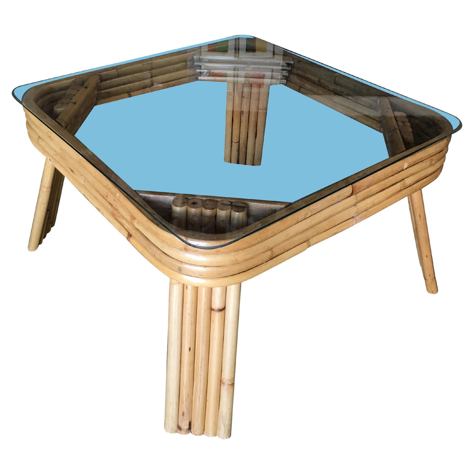 Restored 5-Strand Rattan Coffee Table with Square Glass Top: Title: Restored 5-Strand Rattan Coffee Table with Square Glass Top Description: Rattan coffee table with a square form glass top with five-strand pole rattan legs. Professionally restored in 2019. We 