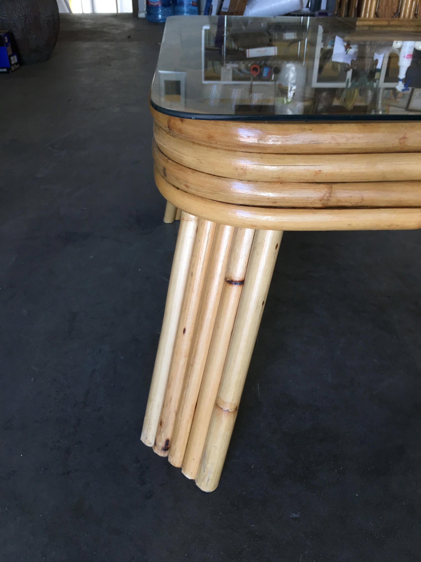 Restored 5-Strand Rattan Coffee Table with Square Glass Top - 4