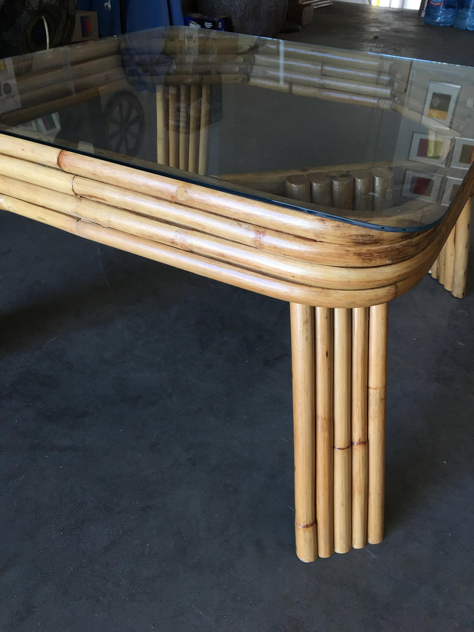 Restored 5-Strand Rattan Coffee Table with Square Glass Top - 5