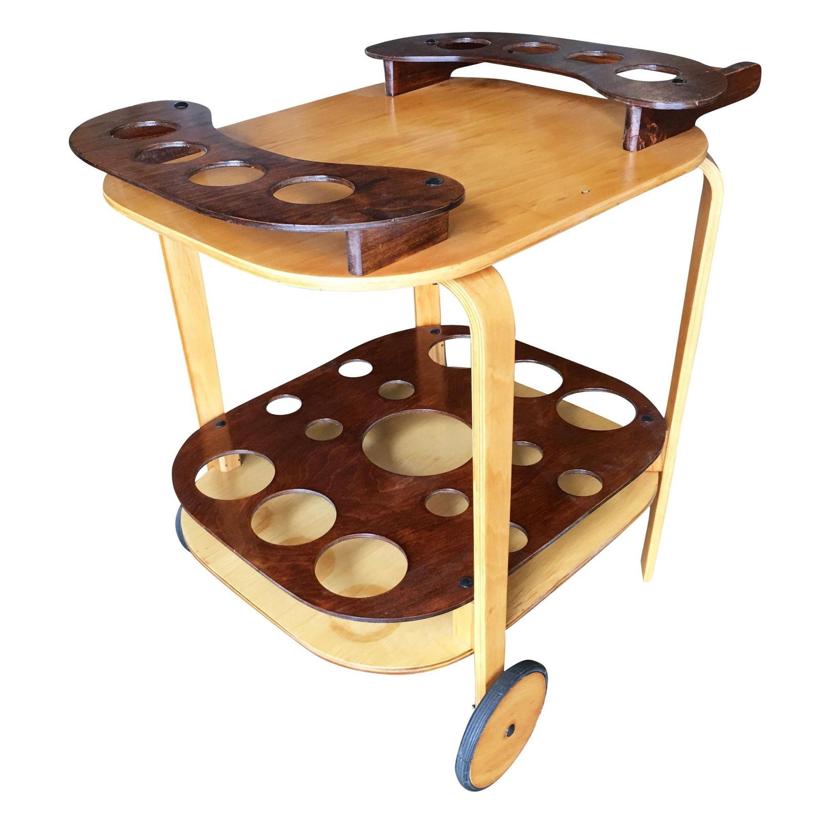 Midcentury Bent Birch Plywood Two-Tone Bar Cart - 2