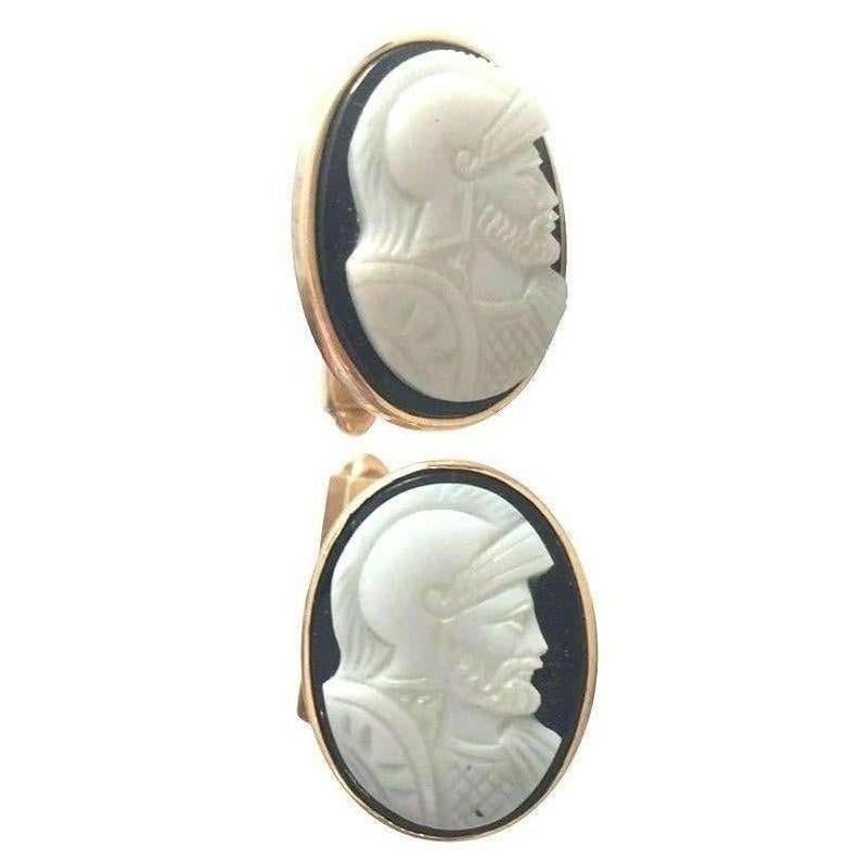 Hand Carved Shell "Knight" Cameo Cufflinks in 14-Karat with Bullet Back Clasp - 3
