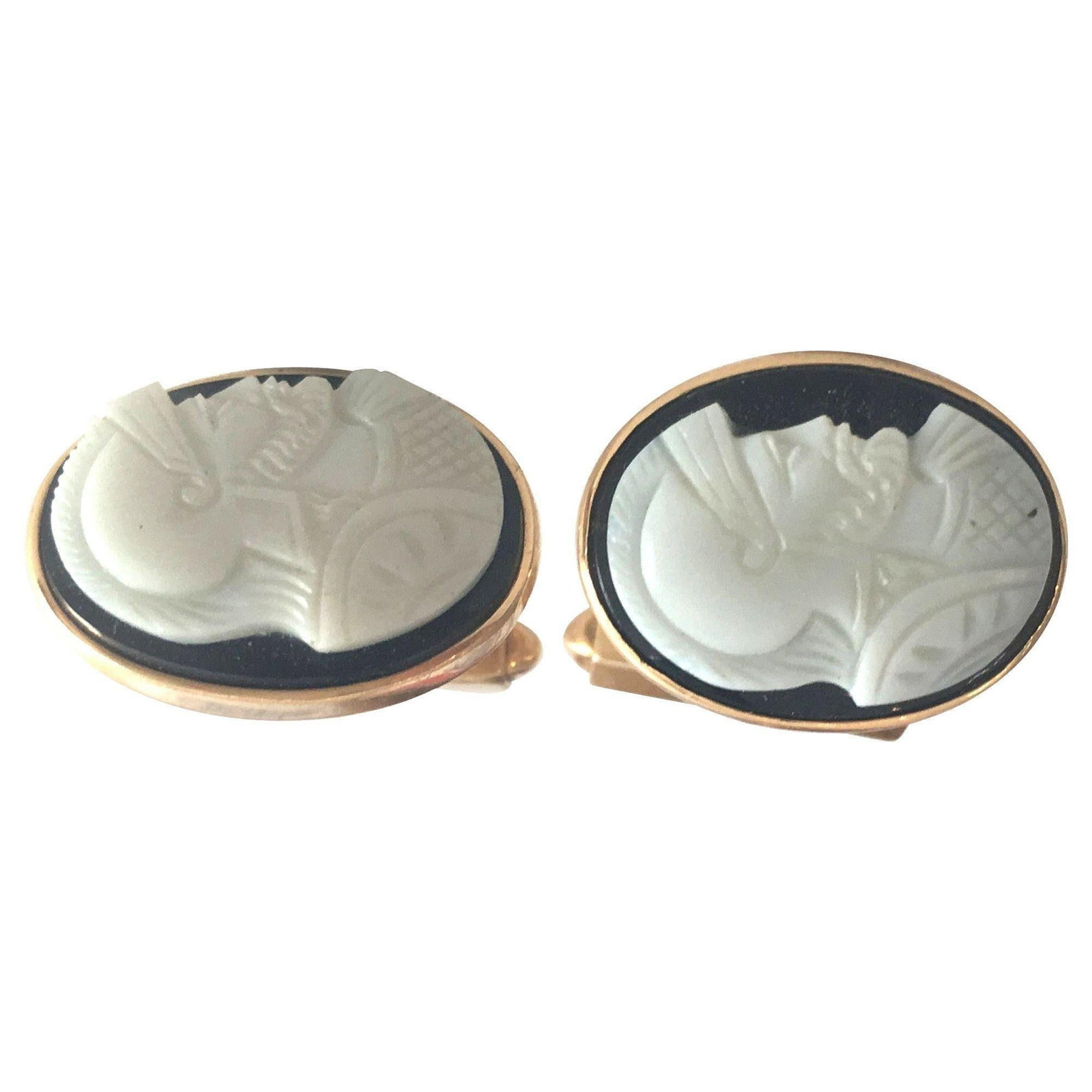 Hand Carved Shell "Knight" Cameo Cufflinks in 14-Karat with Bullet Back Clasp - 4