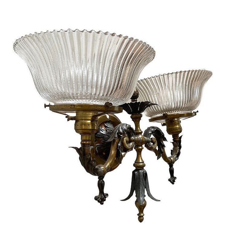 Electrified Late Victorian Baroque Brass Gas Sconces w/ Shade, Pair - 2