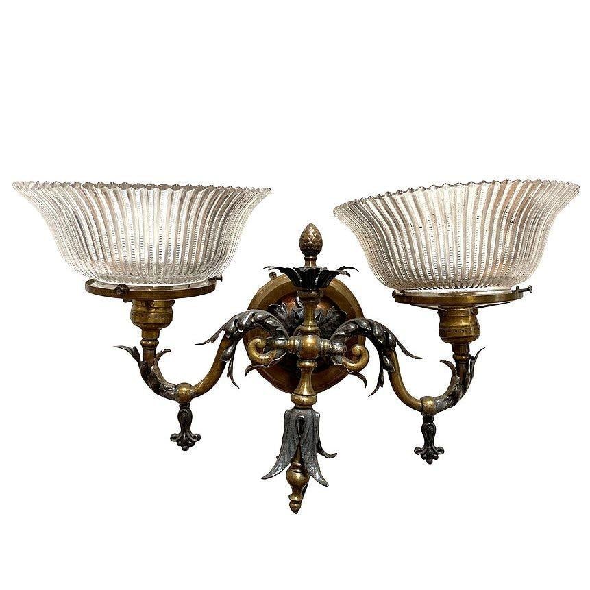 Electrified Late Victorian Baroque Brass Gas Sconces w/ Shade, Pair - 3