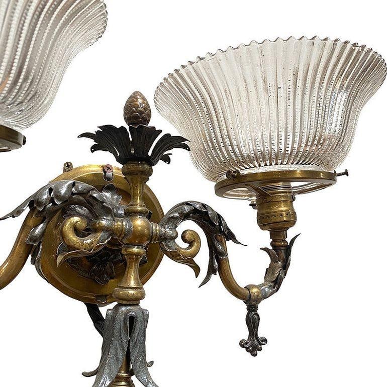 Electrified Late Victorian Baroque Brass Gas Sconces w/ Shade, Pair - 5