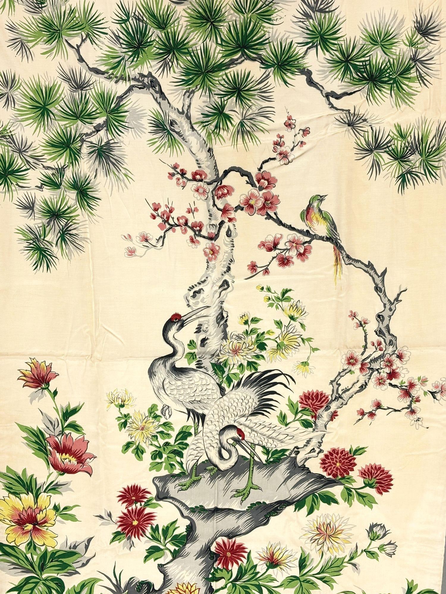 One of a Kind Mid Century Silk Curtain Panel with Cranes, Pine, and Chrysanthemu - 3