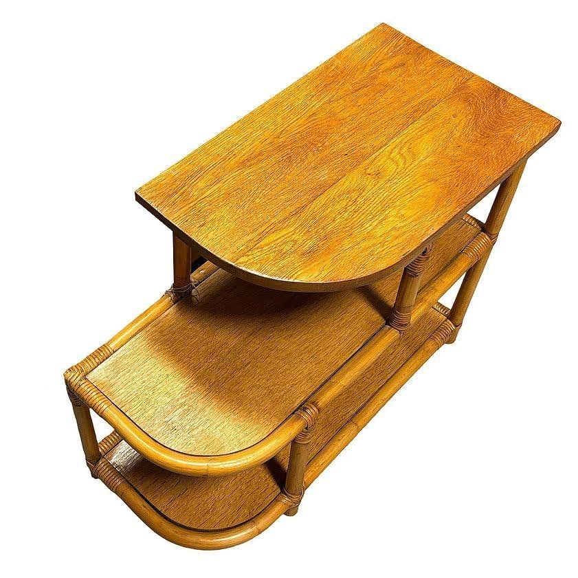 Restored Streamline Rattan & Mahogany 3-Tiered "Trio" End Table, Pair - 4