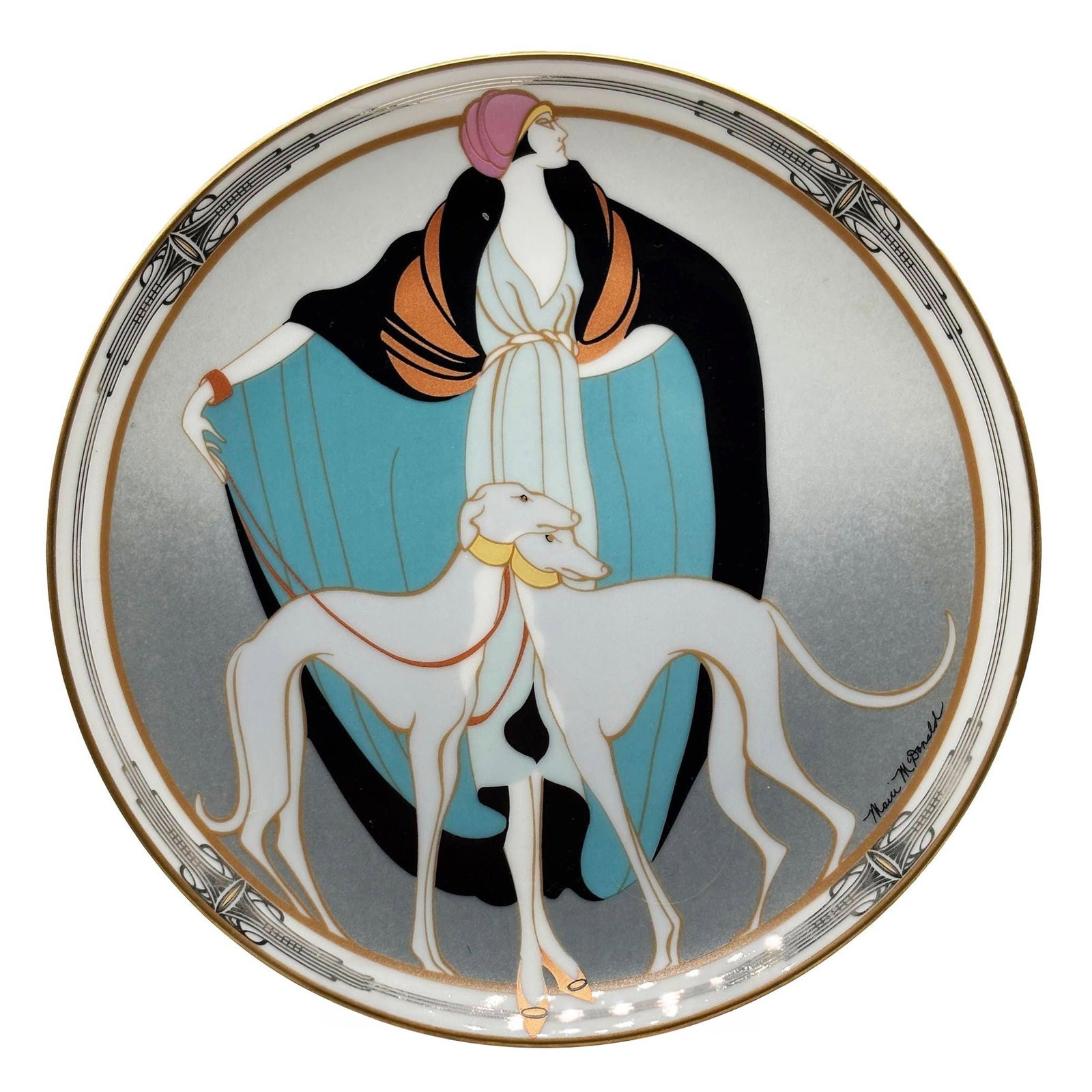 A Flapper W Greyhounds Art Deco Style Ceramic Decorative Plate by WS George: Title: A Flapper W Greyhounds Art Deco Style Ceramic Decorative Plate by WS George Description: Original Art Deco-inspired Decorative Plate featuring the "A Flapper W Greyhounds" artwork by Marci