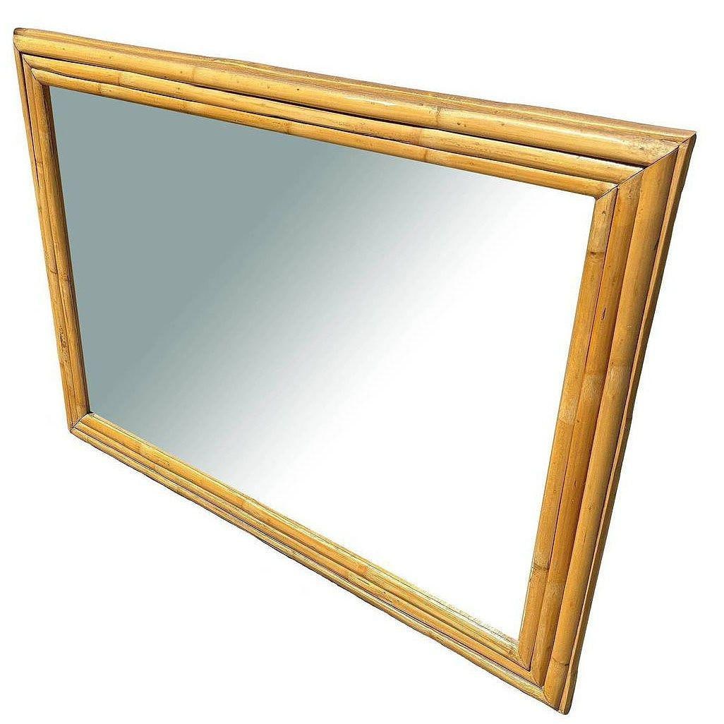 Restored 41" Mid-Century 3-Strand Rattan Frame Wall Mirror - 3