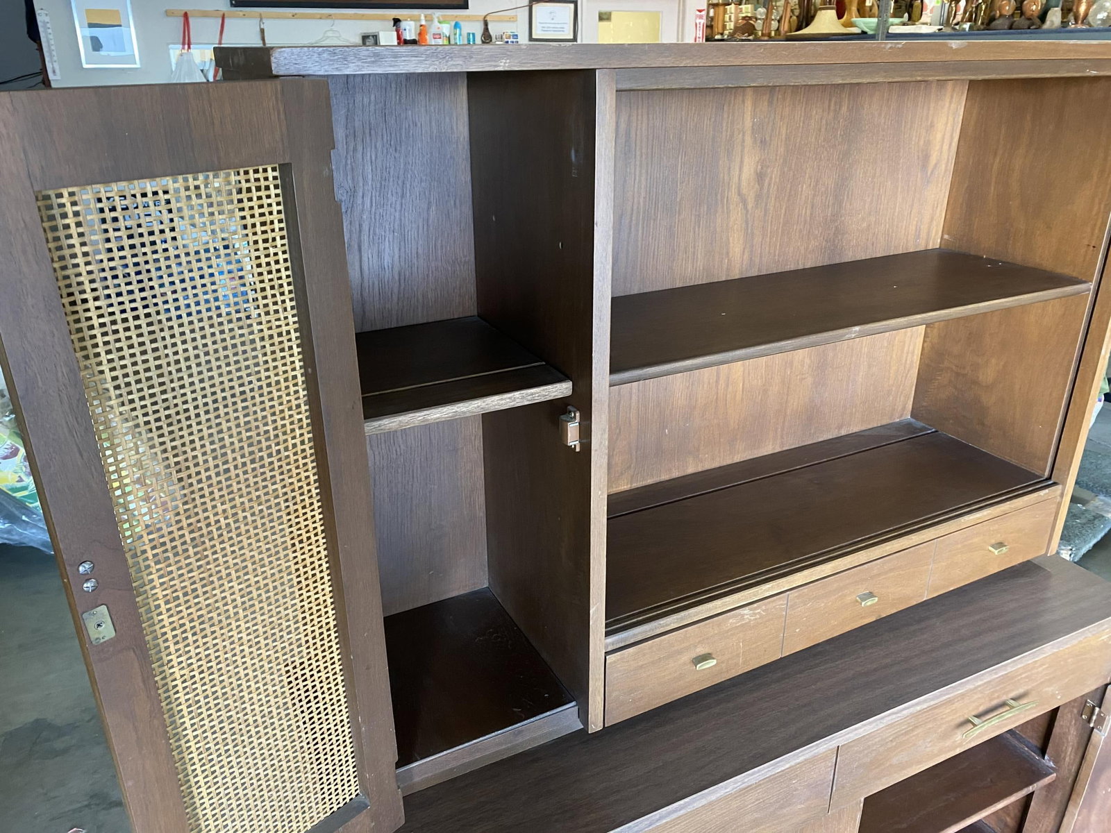 Midcentury Cupboard China Cabinet Shelf with Wicker Accents by Holman - 2