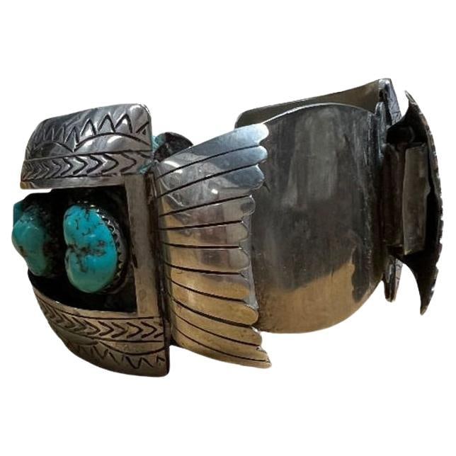 Silver Navajo Watchband Cuff w/ Bisbee Torqouise, Hyson Craig Style: Title: Silver Navajo Watchband Cuff w/ Bisbee Torqouise, Hyson Craig Style Description: Navajo silversmith watchband/cuff styled after the work made by Hyson Craig, this classic combination of heavy