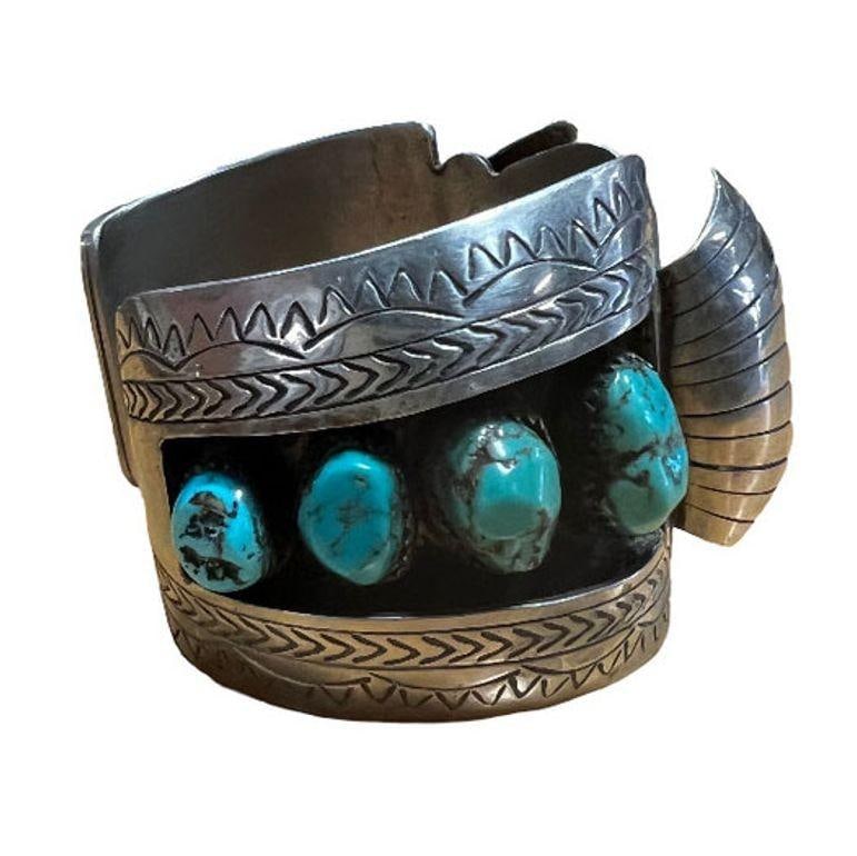 Silver Navajo Watchband Cuff w/ Bisbee Torqouise, Hyson Craig Style - 2