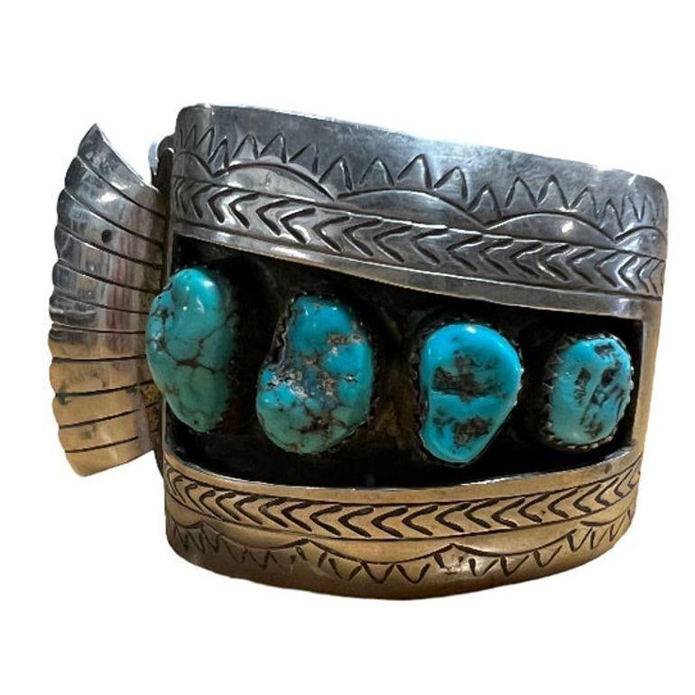 Silver Navajo Watchband Cuff w/ Bisbee Torqouise, Hyson Craig Style - 4