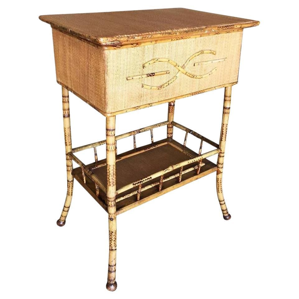 Restored Aesthetic Movement Tiger Tortoise Bamboo Linen Pedestal Trunk: Title: Restored Aesthetic Movement Tiger Tortoise Bamboo Linen Pedestal Trunk Description: Antique tiger bamboo pedestal side table with rice mat top with flip-open lid storage and a secondary bottom