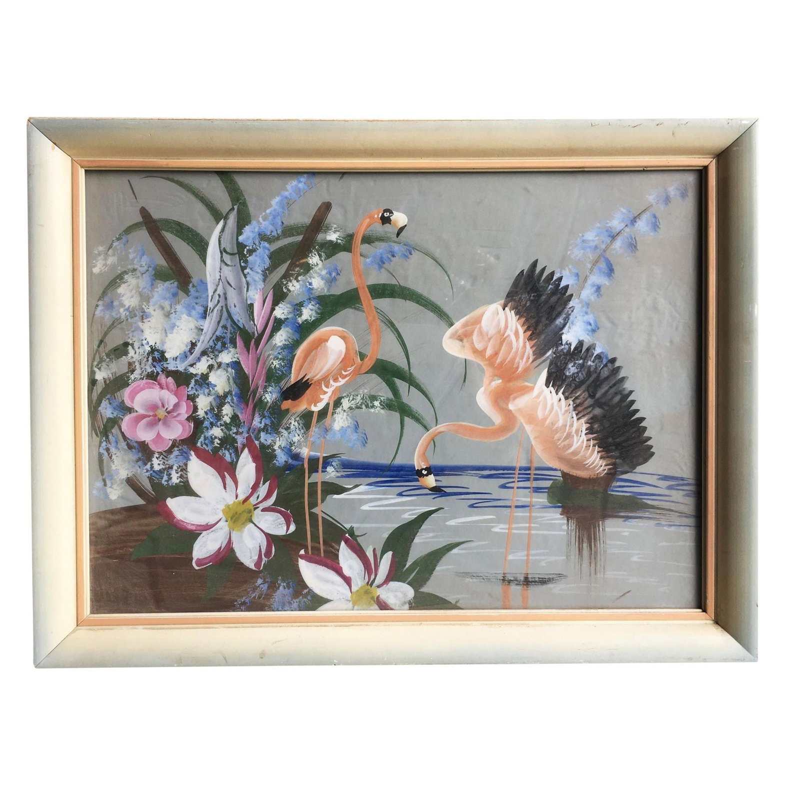 Restored Tropical Flamingos Acrylic on Paper in Original Frame, Unisgned: Title: Restored Tropical Flamingos Acrylic on Paper in Original Frame, Unisgned Description: Original Airbrushed artwork Flamingos (original airbrushed over a print) for the Turner Company, circa 1948