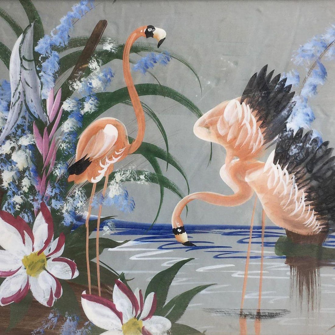 Restored Tropical Flamingos Acrylic on Paper in Original Frame, Unisgned - 2