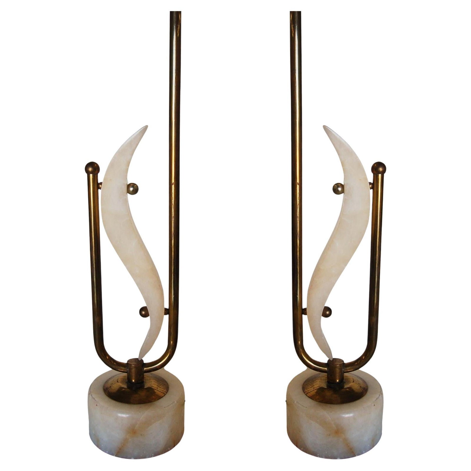 Pair of Freeform Marble and Brass Abstract Sculptural Table Lamps: Title: Pair of Freeform Marble and Brass Abstract Sculptural Table Lamps Description: Pair of mid-century marble and brass abstract "S" shape sculptural table lamps. Measures 4" Wide x 5" Base