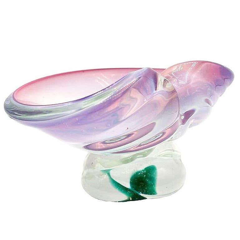 Mid-Century Murano Peacock Art Glass Pedestal Ashtray w/ Pink Pastel Swirl - 2