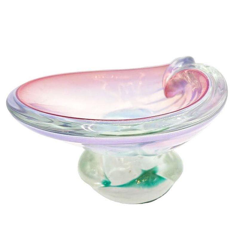 Mid-Century Murano Peacock Art Glass Pedestal Ashtray w/ Pink Pastel Swirl - 3