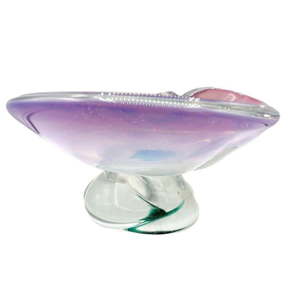 Mid-Century Murano Peacock Art Glass Pedestal Ashtray w/ Pink Pastel Swirl - 4