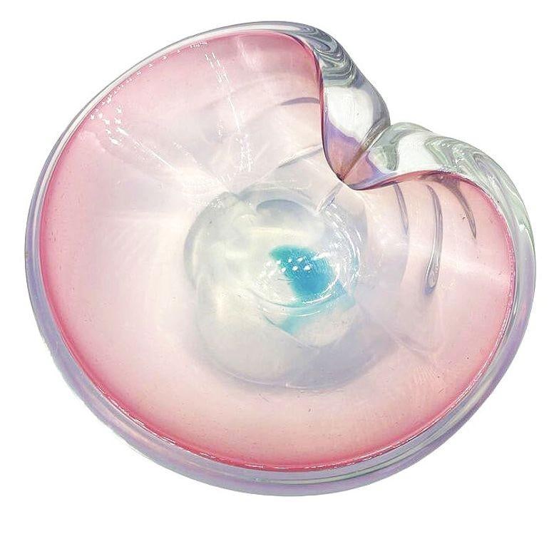 Mid-Century Murano Peacock Art Glass Pedestal Ashtray w/ Pink Pastel Swirl - 5