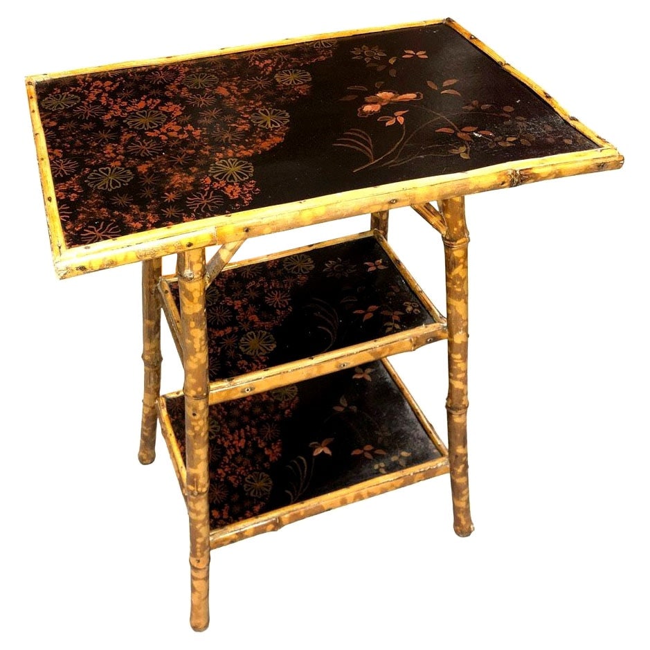 Restored Aesthetic Movement Tiger Tortoise Bamboo 3-Tier Pedestal Side Table: Title: Restored Aesthetic Movement Tiger Tortoise Bamboo 3-Tier Pedestal Side Table Description: Late Victorian tiger bamboo pedestal side table with 3 tiers of hand-painted floral tops. The bamboo