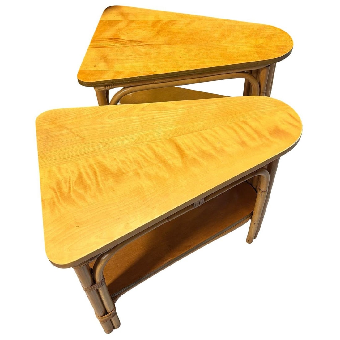 Restored MCM 2-Tiered Vertically Stacked Rattan Arched Wedge Table, Pair: Title: Restored MCM 2-Tiered Vertically Stacked Rattan Arched Wedge Table, Pair Description: This beautifully restored pair of restored rattan 2-tiered stacked rattan wedge tables, each featuring 2