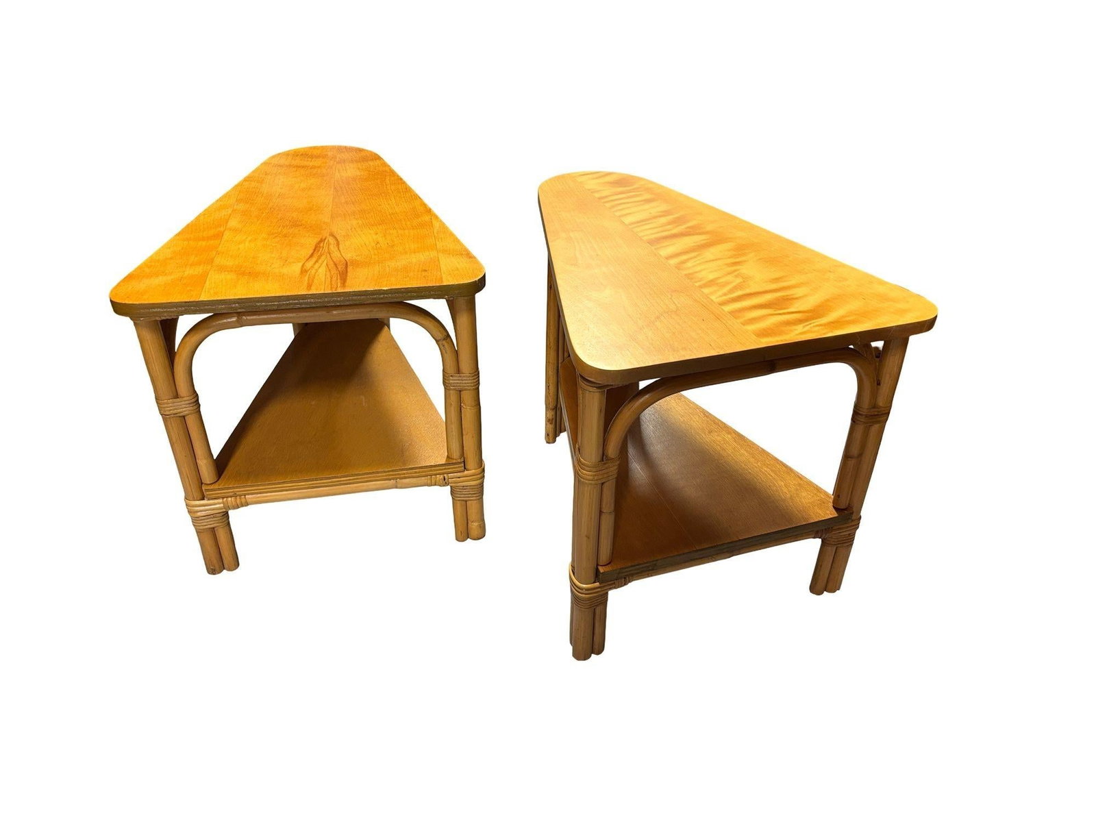Restored MCM 2-Tiered Vertically Stacked Rattan Arched Wedge Table, Pair - 4
