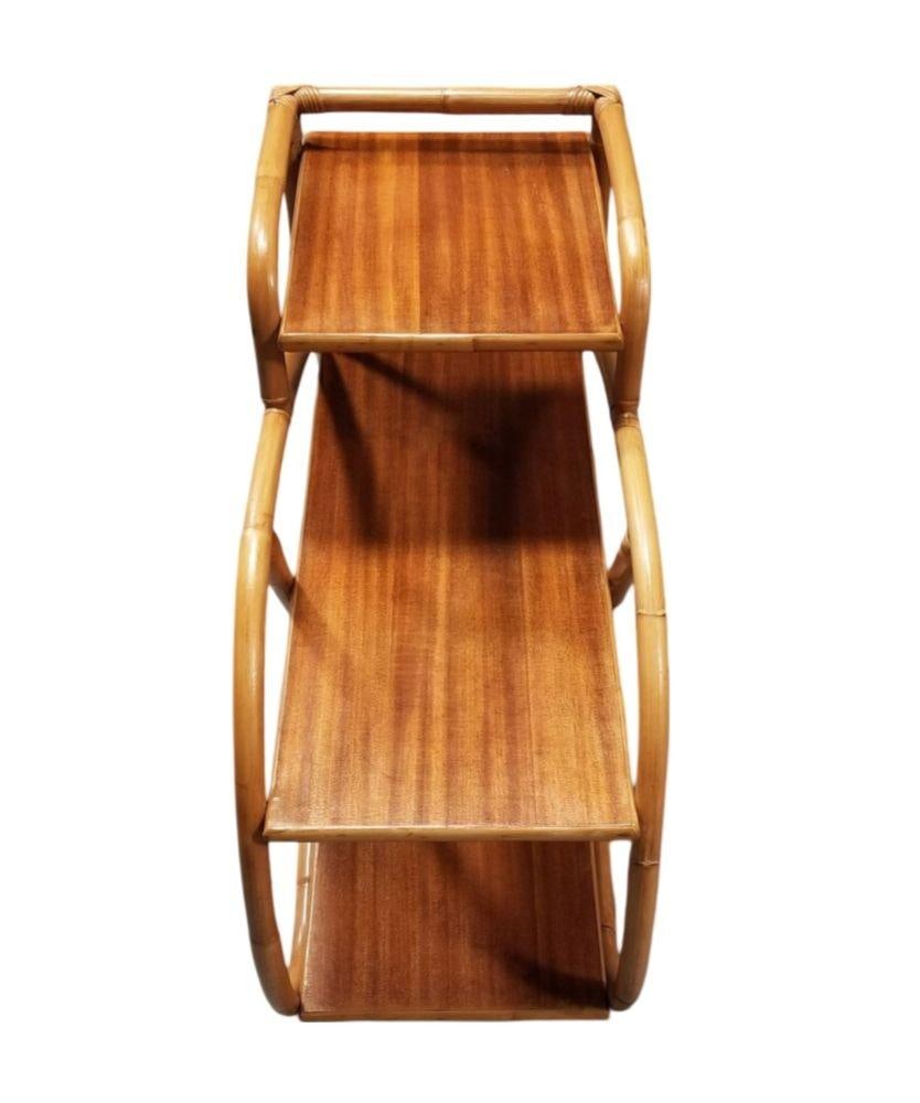 Restored Mid-century 3-Tier 3/4 Pretzel Rattan Side Table w/ Mahogany Top - 2