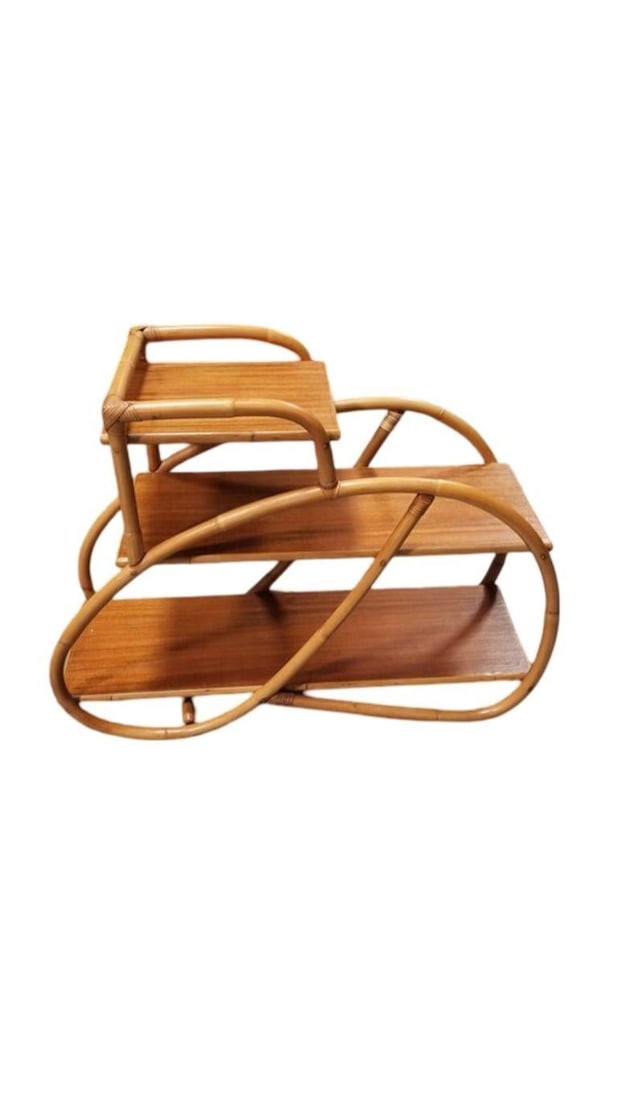 Restored Mid-century 3-Tier 3/4 Pretzel Rattan Side Table w/ Mahogany Top - 3