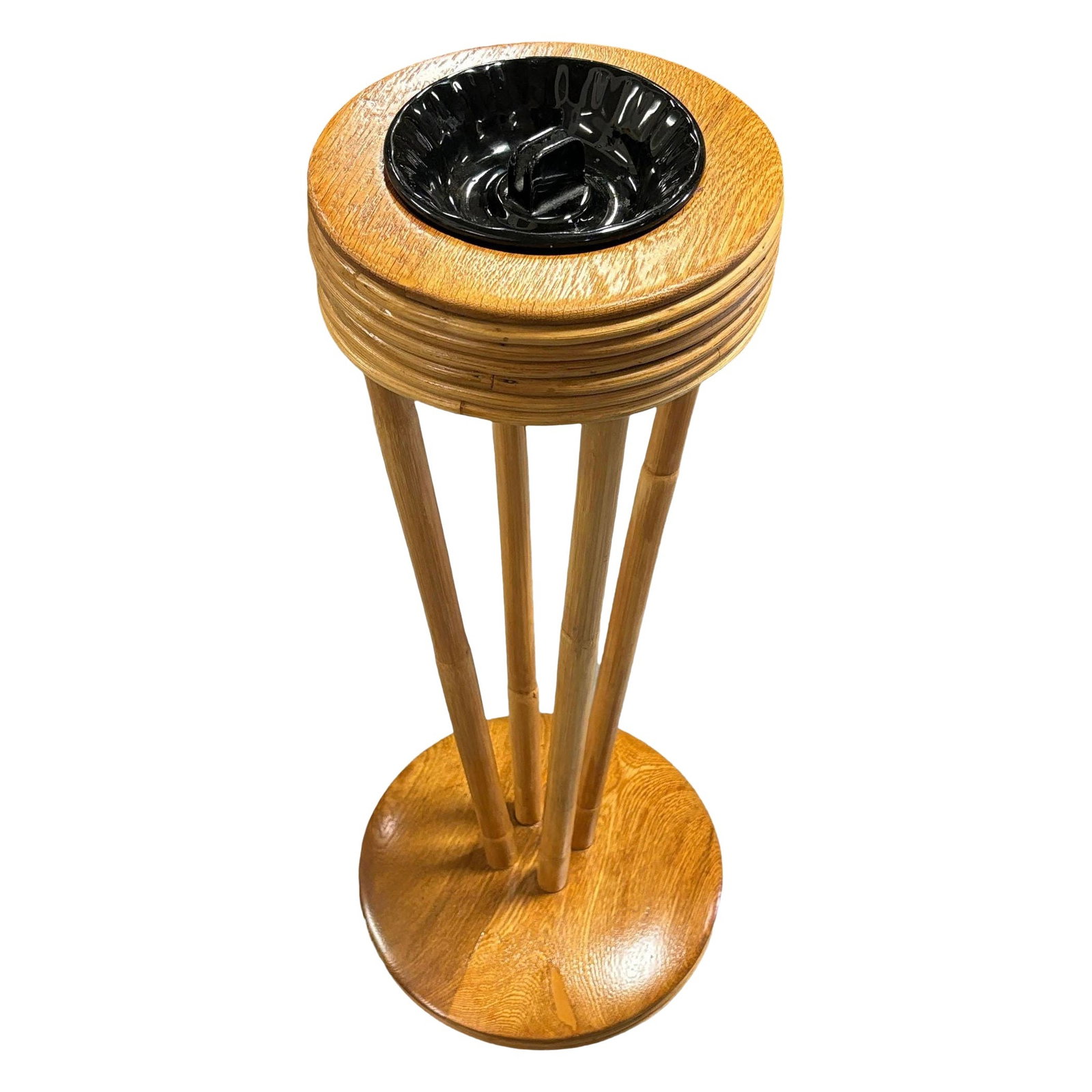 Restored Rattan and Mahogany Standing Ashtray: Title: Restored Rattan and Mahogany Standing Ashtray Description: This beautifully restored Paul Frankl-inspired standing rattan ashtray is a sleek and functional accessory designed for convenience