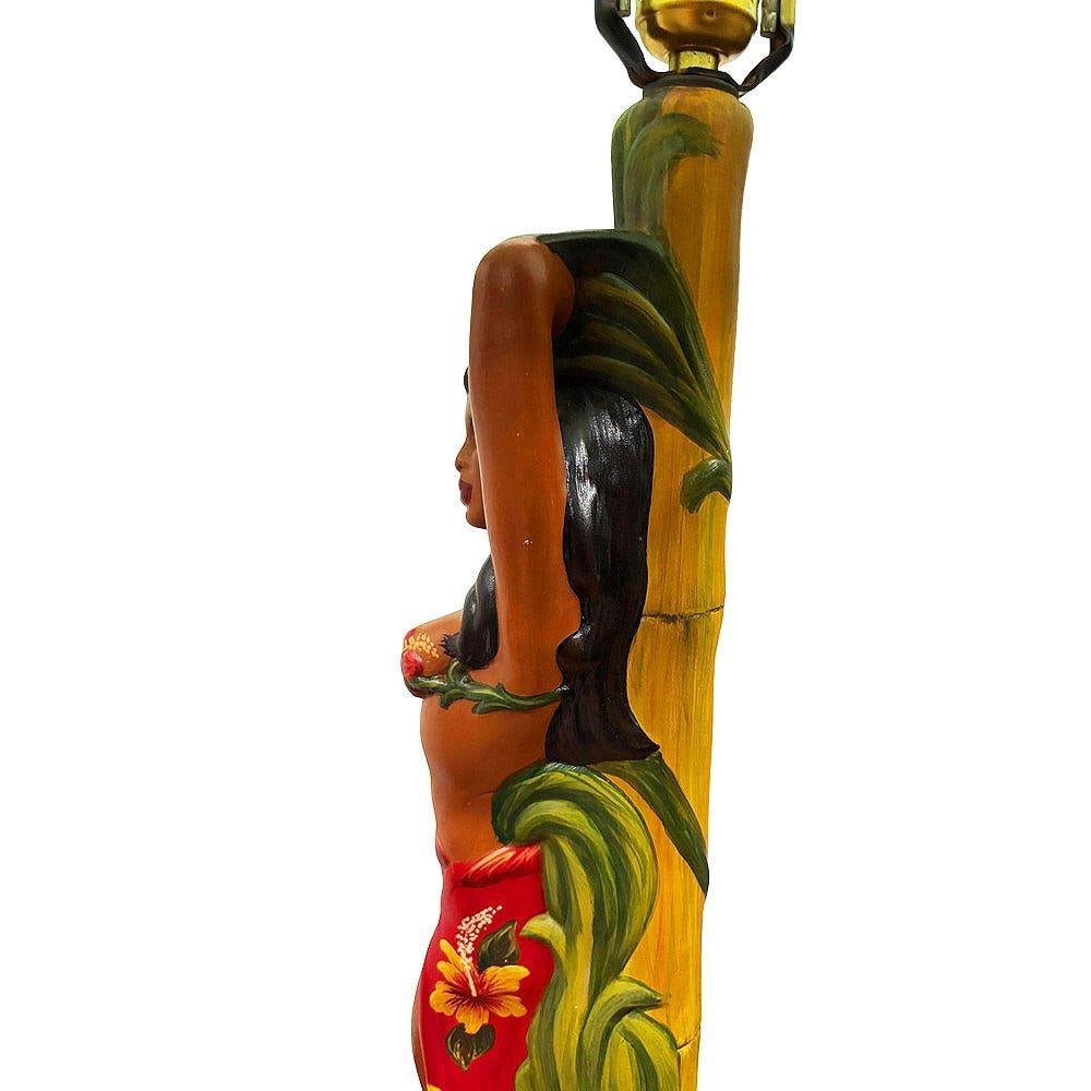 MCM Hand Painted Hawaiian Hula Resin Table Lamp by Santana w/ Wipplestitch Shade - 4